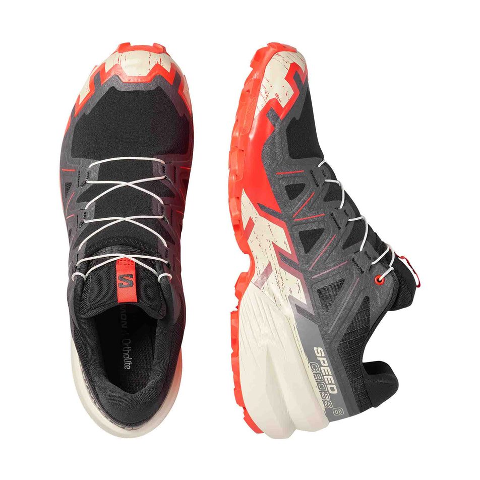 A pair of Salomon Men's Speedcross 6 Running Shoes in the Black/Fiery Red/Almond Milk colourway.