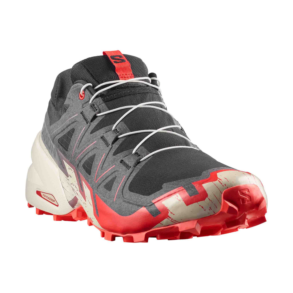 Lateral view of the right shoe from a pair of Salomon Men's Speedcross 6 Running Shoes in the Black/Fiery Red/Almond Milk colourway.