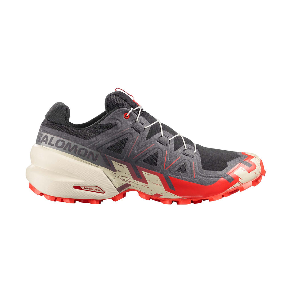 Lateral view of the right shoe from a pair of Salomon Men's Speedcross 6 Running Shoes in the Black/Fiery Red/Almond Milk colourway.