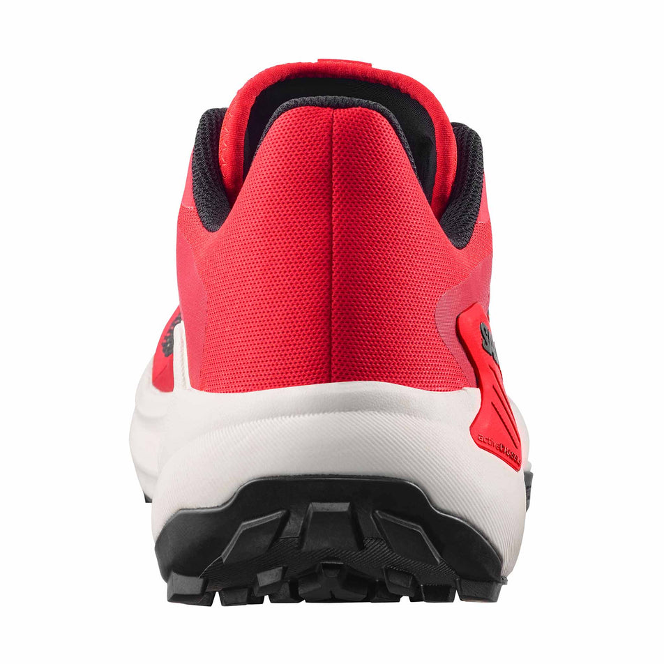 The back of the right shoe from a pair of Salomon Men's Genesis Running Shoes in the Fiery Red/Lava Falls/Black colourway.