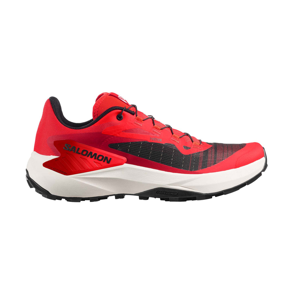 Lateral view of the right shoe from a pair of Salomon Men's Genesis Running Shoes in the Fiery Red/Lava Falls/Black colourway. 