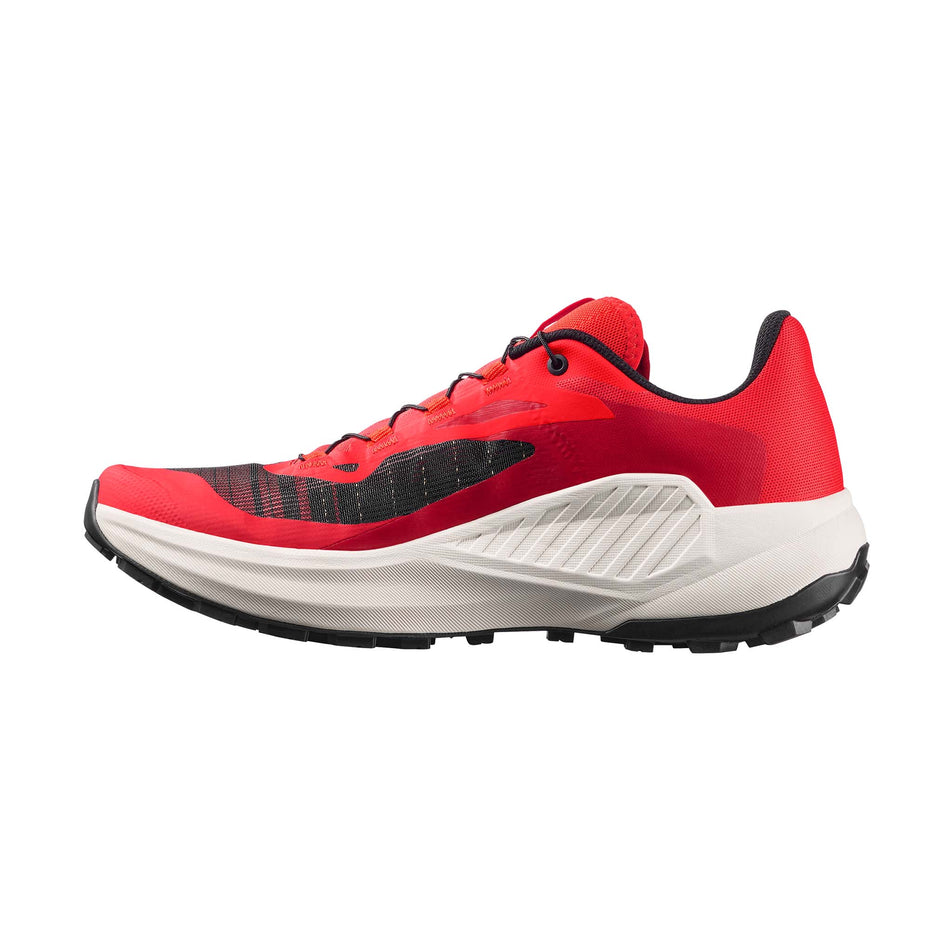 Medial view of the right shoe from a pair of Salomon Men's Genesis Running Shoes in the Fiery Red/Lava Falls/Black colourway.