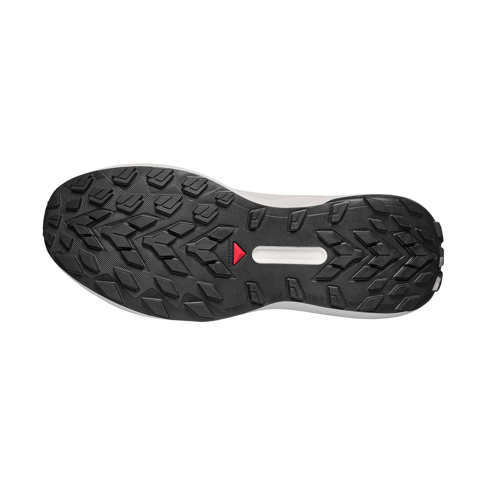The outsole of the right shoe from a pair of Salomon Men's Genesis Running Shoes in the Fiery Red/Lava Falls/Black colourway.