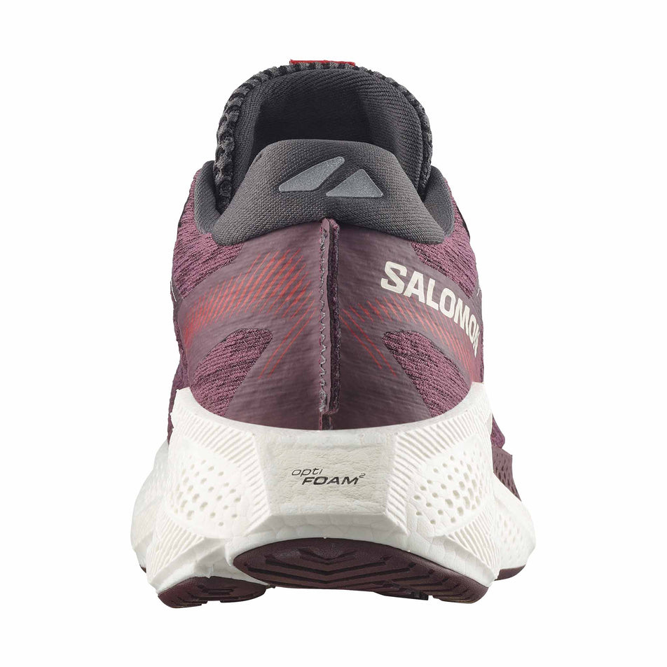 The back of the right shoe from a pair of Salomon Women's Aero Glide 4 Running Shoes in the Huckleberry/Vanilla Ice colourway.