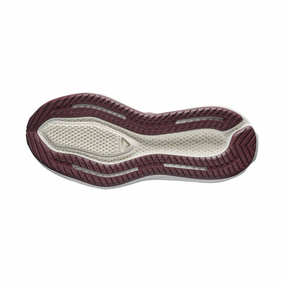 The outsole of the right shoe from a pair of Salomon Women's Aero Glide 4 Running Shoes in the Huckleberry/Vanilla Ice colourway.