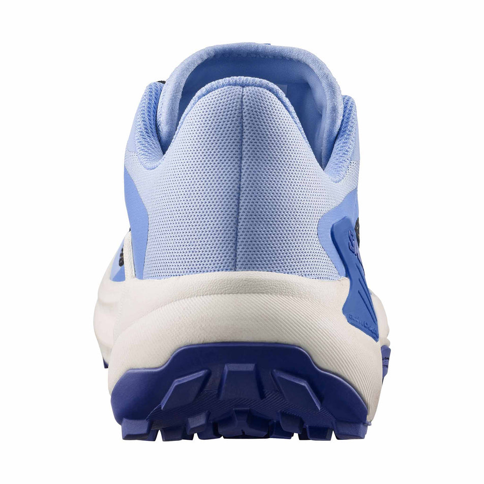 The back of the right shoe from a pair of Salomon Women's Genesis Running Shoes in the Brunnera Blue/Persian Jewel/Deep Blue colourway.