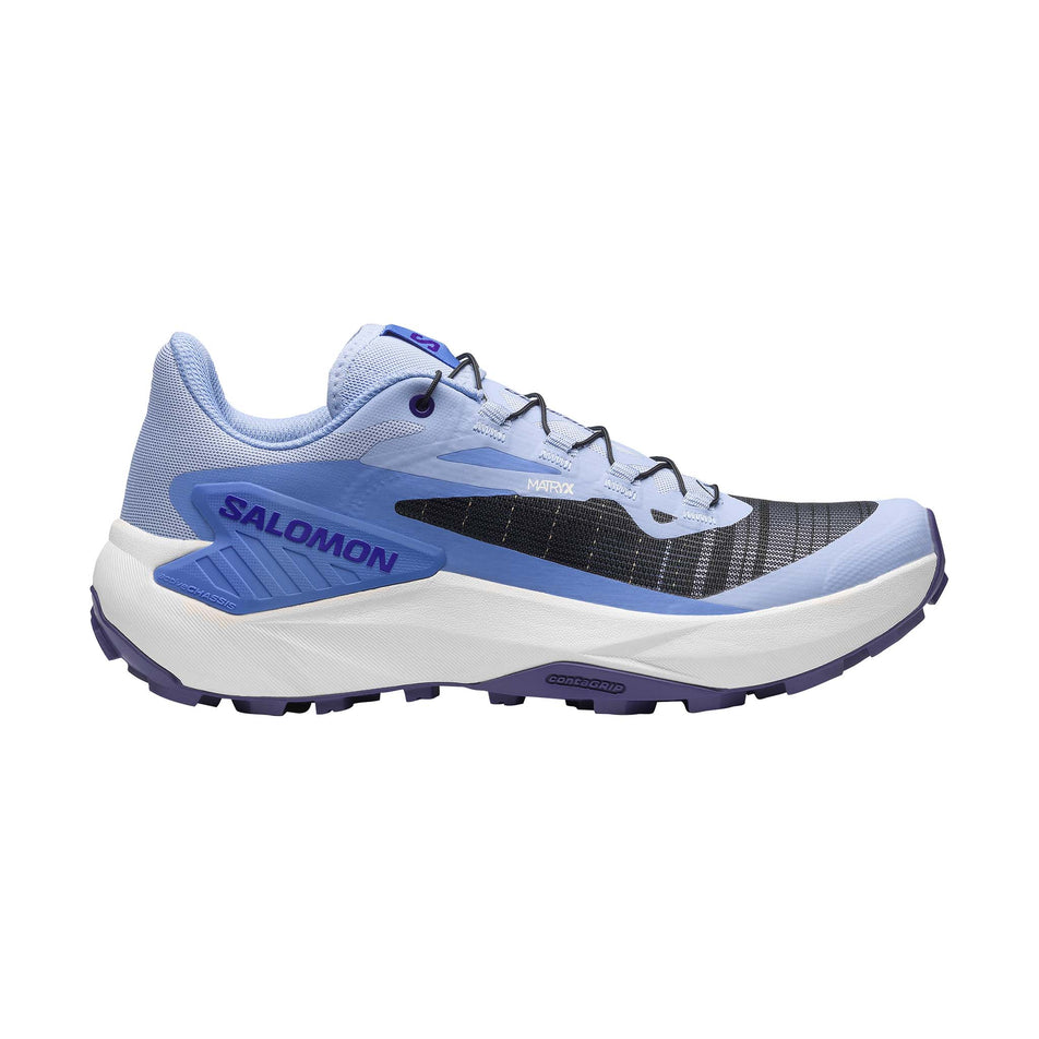 Lateral view of the right shoe from a pair of Salomon Women's Genesis Running Shoes in the Brunnera Blue/Persian Jewel/Deep Blue colourway.