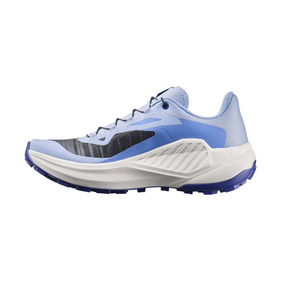 Medial view of the right shoe from a pair of Salomon Women's Genesis Running Shoes in the Brunnera Blue/Persian Jewel/Deep Blue colourway.