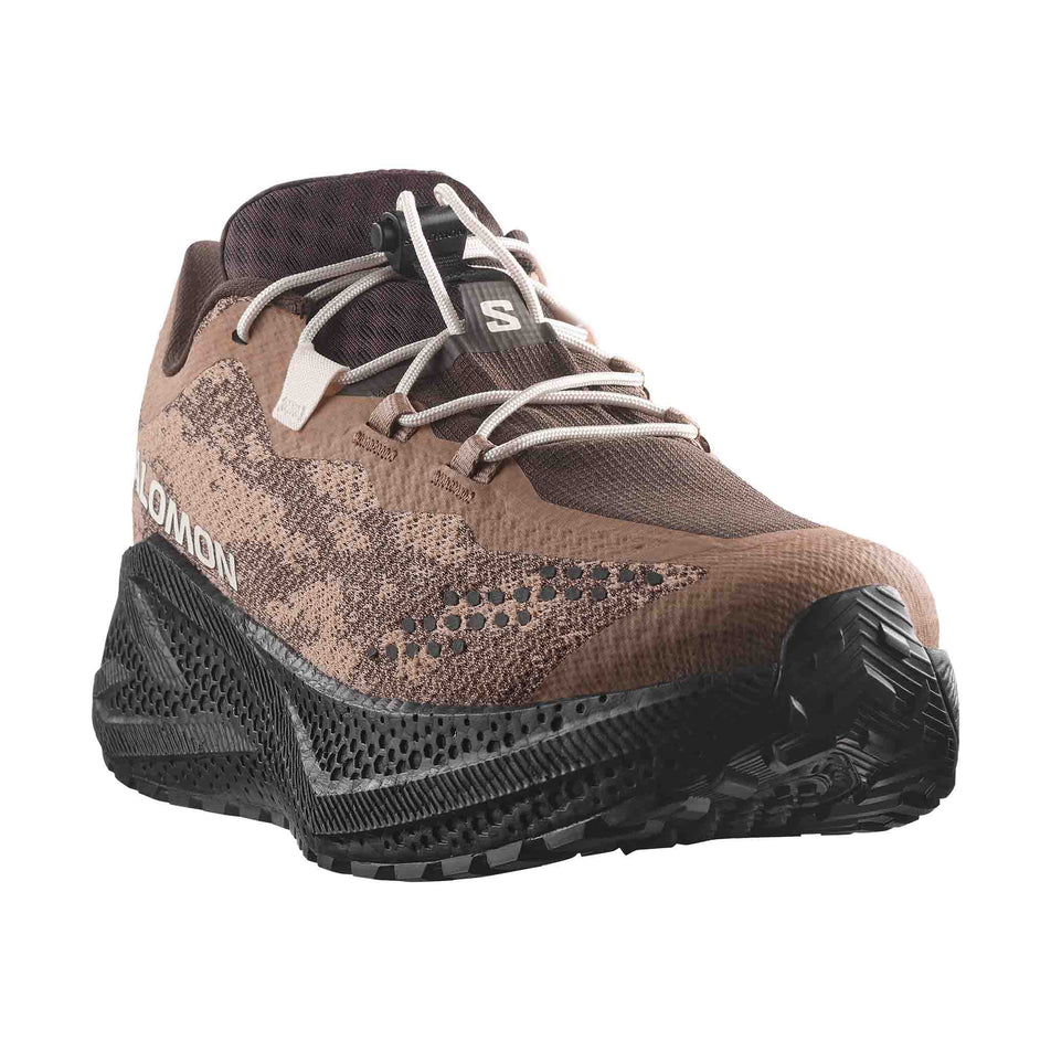 Lateral view of the right shoe from a pair of Salomon Men's Aero Glide 4 GRVL Running Shoes in the Burro/Black colourway.