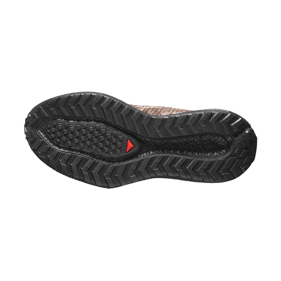 The outsole of the right shoe from a pair of Salomon Men's Aero Glide 4 GRVL Running Shoes in the Burro/Black colourway.