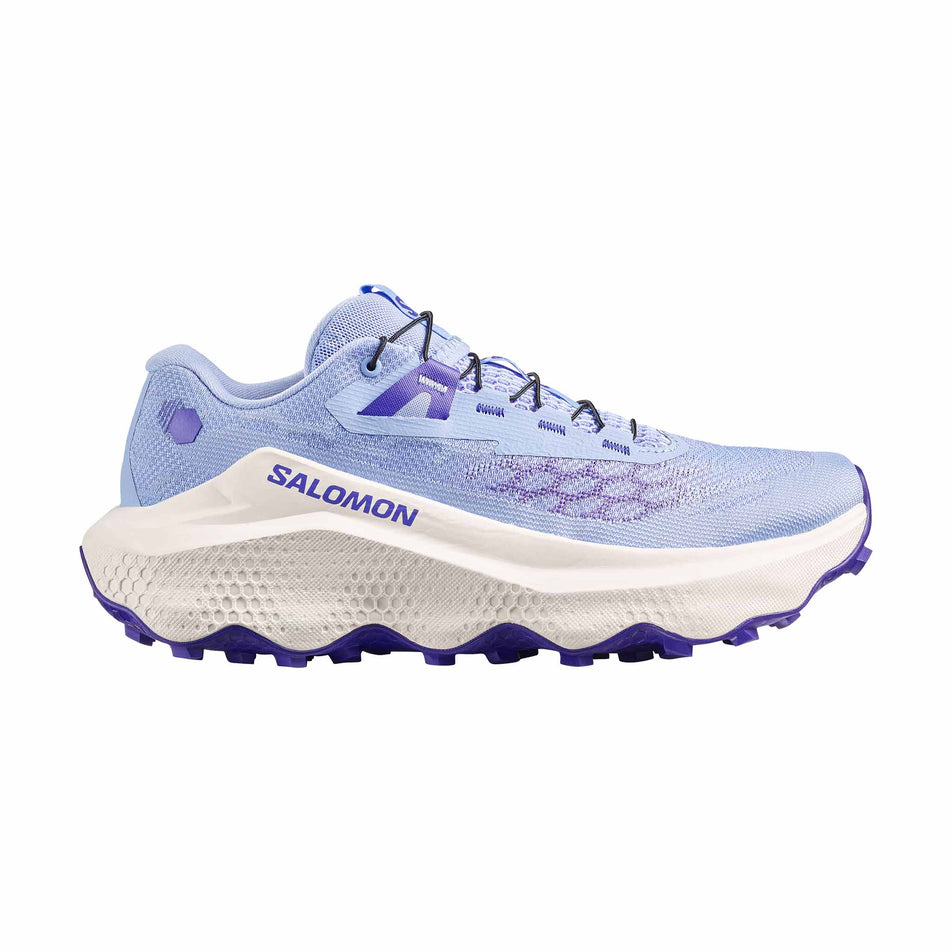 Lateral view of the right shoe from a pair of Salomon Women's Ultra Glide 4 Running Shoes in the Brunnera Blue/Vanilla Ice/Deep Blue colourway.