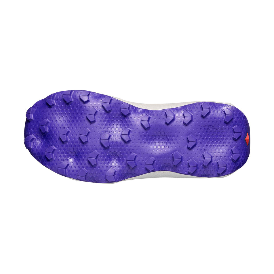 The outsole of the right shoe from a pair of Salomon Women's Ultra Glide 4 Running Shoes in the Brunnera Blue/Vanilla Ice/Deep Blue colourway.
