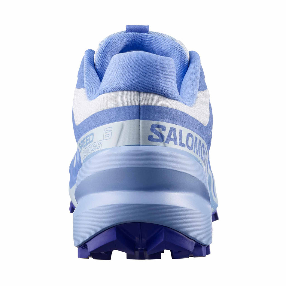 The back of the right shoe from a pair of Salomon Women's Speedcross 6 Running Shoes in the White/Brunnera Blue/Persian Jewel colourway.