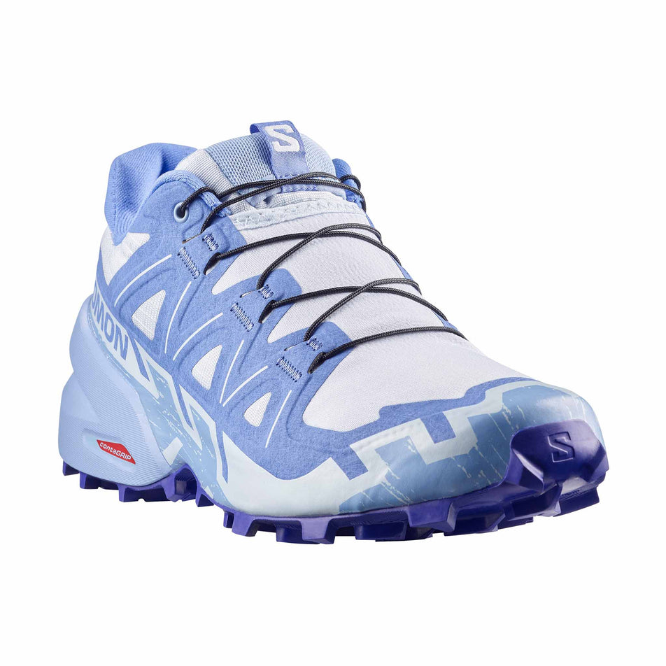 Lateral view of the right shoe from a pair of Salomon Women's Speedcross 6 Running Shoes in the White/Brunnera Blue/Persian Jewel colourway.