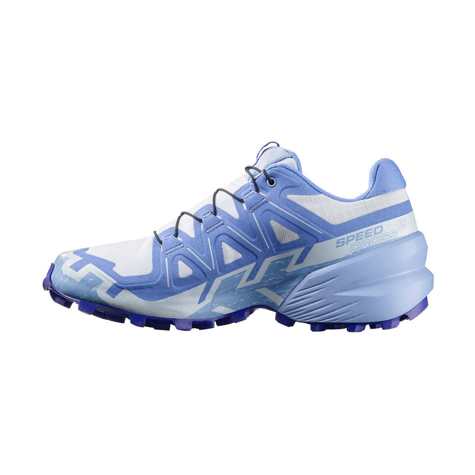 Medial view of the right shoe from a pair of Salomon Women's Speedcross 6 Running Shoes in the White/Brunnera Blue/Persian Jewel colourway.