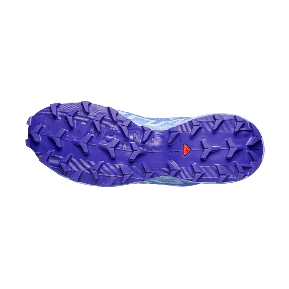 The outsole of the right shoe from a pair of Salomon Women's Speedcross 6 Running Shoes in the White/Brunnera Blue/Persian Jewel colourway.