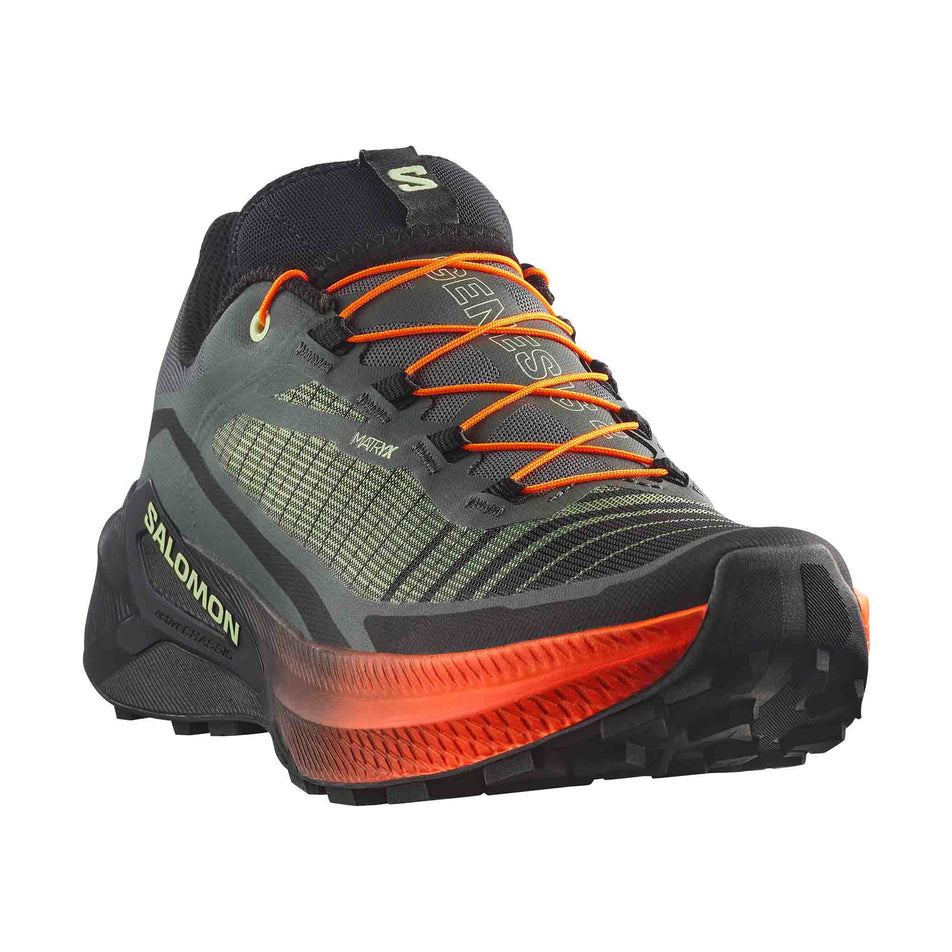 Lateral view of the right shoe from a pair of Salomon Men's Genesis 2 Trail Running Shoes in the Urban Chic/Black colourway.