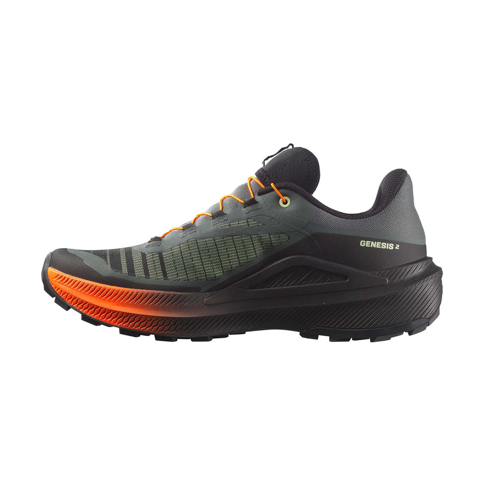 Medial view of the right shoe from a pair of Salomon Men's Genesis 2 Trail Running Shoes in the Urban Chic/Black colourway.