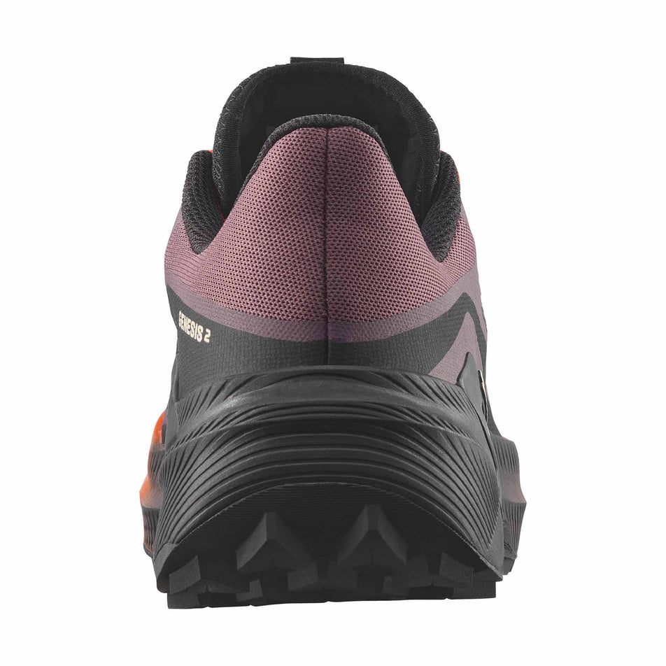 The back of the right shoe from a pair of Salomon Women's Genesis 2 Trail Running Shoes in the Huckleberry/Black colourway.