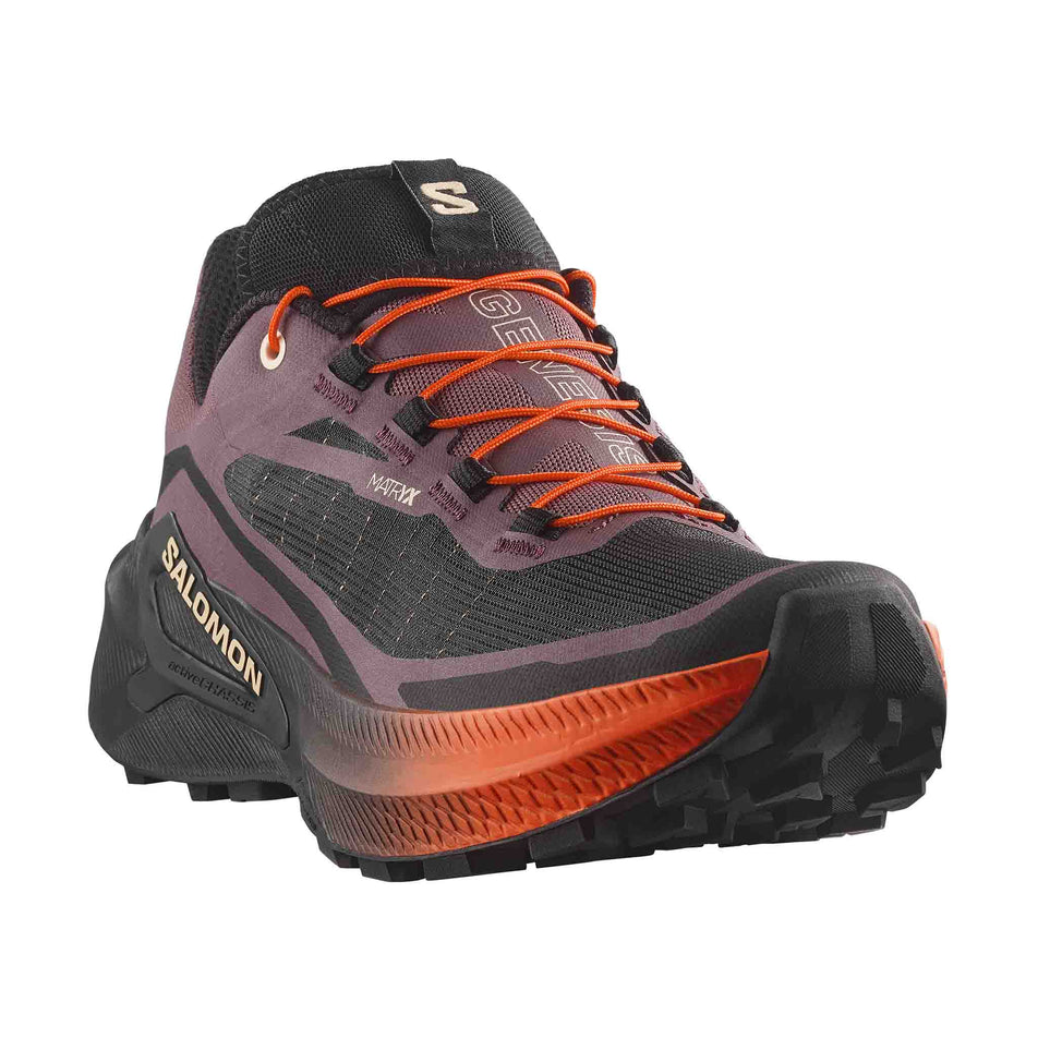 Lateral view of the right shoe from a pair of Salomon Women's Genesis 2 Trail Running Shoes in the Huckleberry/Black colourway.