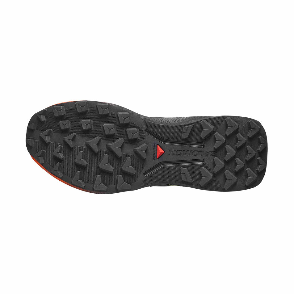 The outsole of the right shoe from a pair of Salomon Women's Genesis 2 Trail Running Shoes in the Huckleberry/Black colourway.