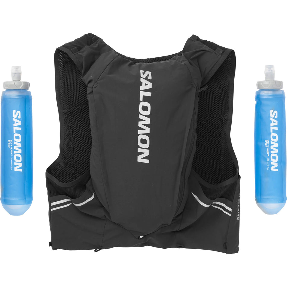 Back of a Salomon Unisex Sense Pro 10 Running Vest in the Black/Ebony colourway, along with two soft flasks (7992933253282)