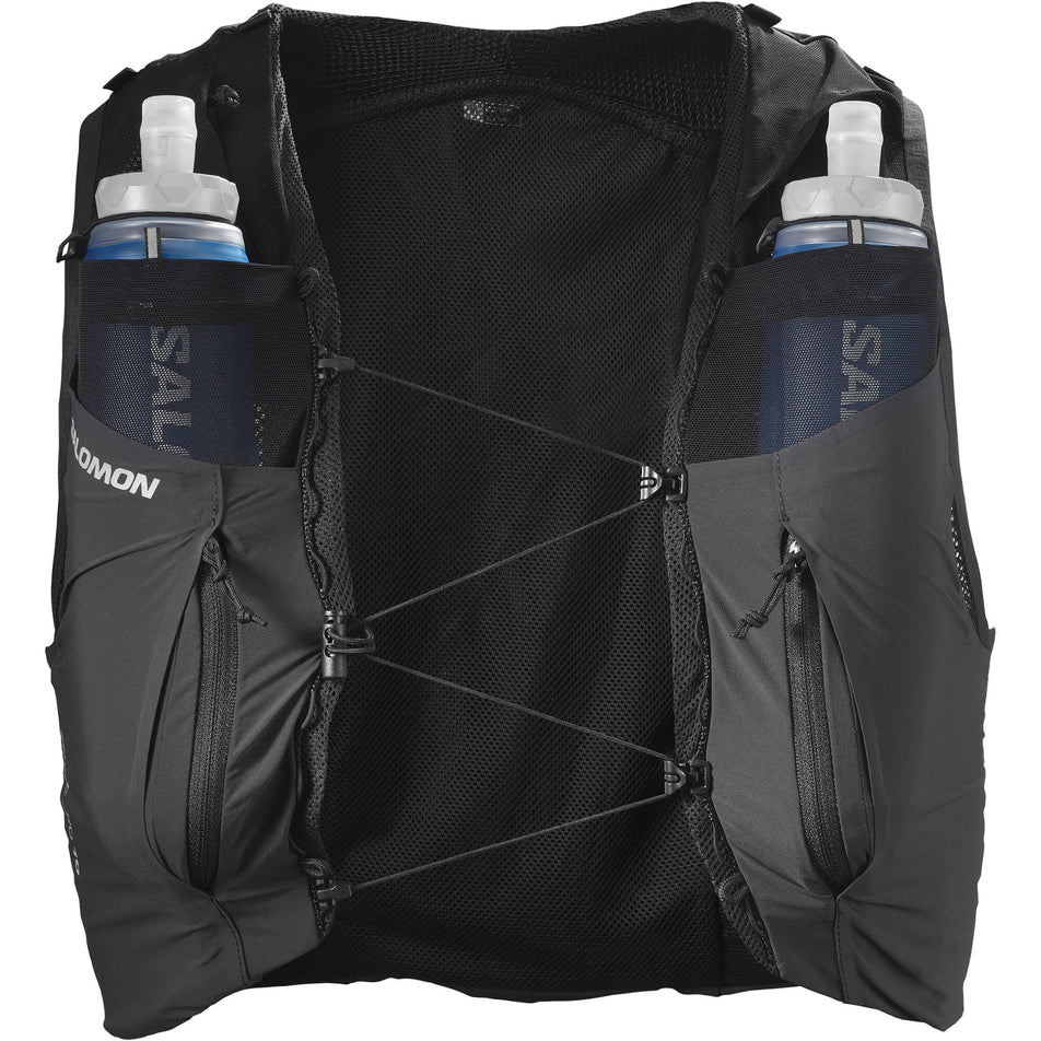 Front of a Salomon Unisex Sense Pro 10 Running Vest in the Black/Ebony colourway, with flasks included. (7992933253282)