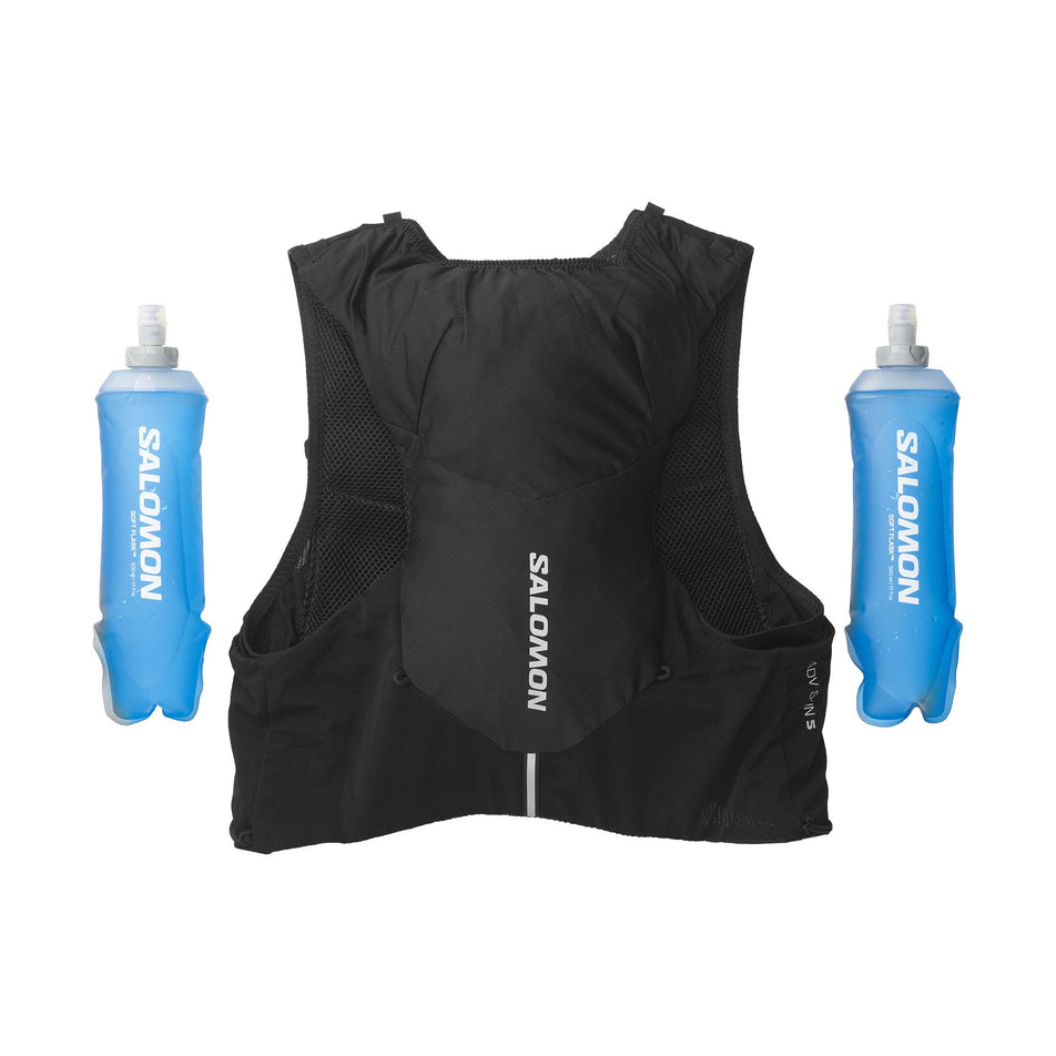 Back view of a Salomon Unisex ADV Skin 5 Running Vest in the Black/Ebony colourway, with flasks included. (7991863115938)