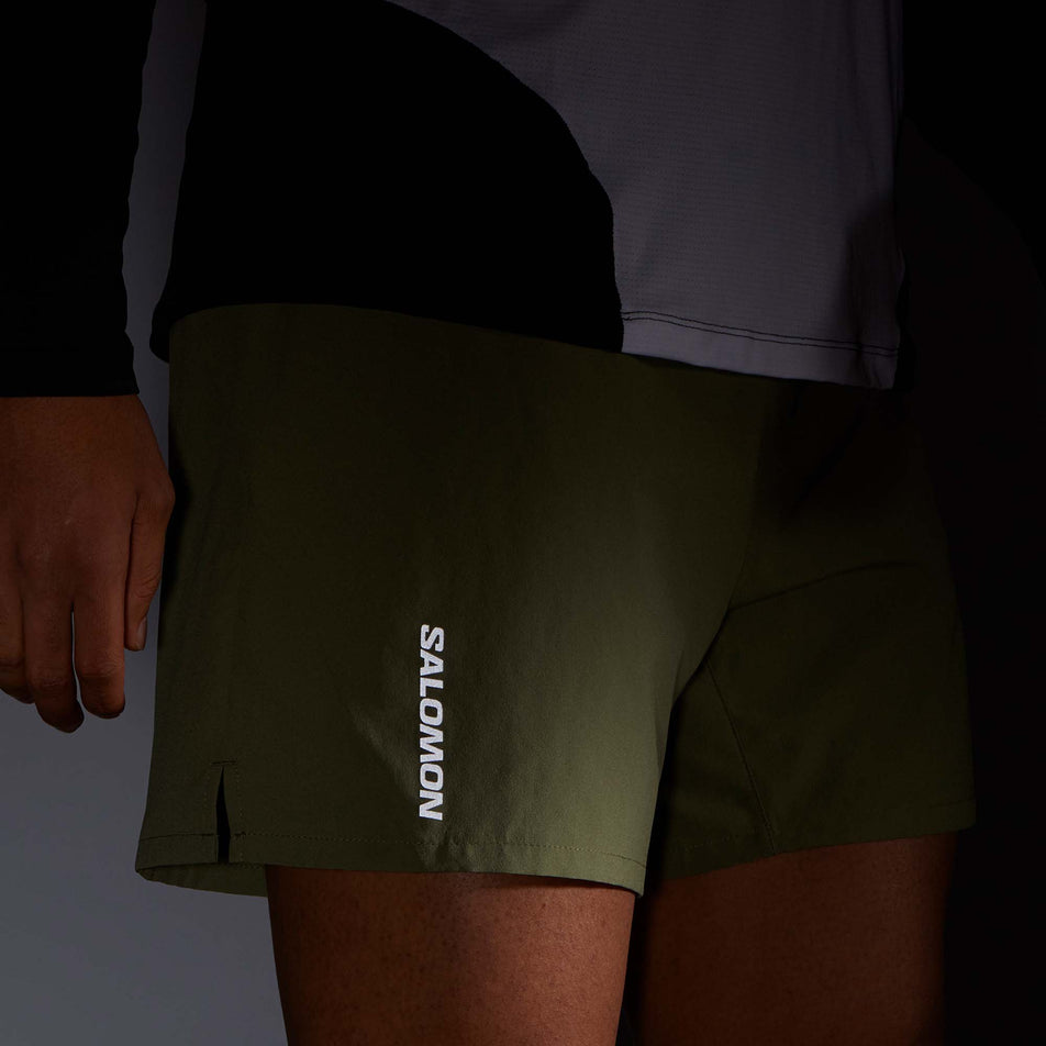 Close-up angled front view of a model wearing a pair of Salomon Men's Cross 5