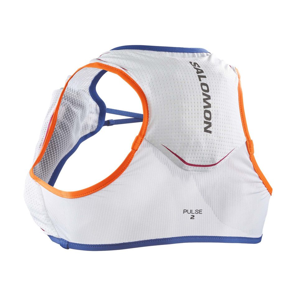 Back view of a Salomon Unisex Pulse 2 Running Vest with flasks included. WHITE/Surf The Web/DRAGON FIRE colourway. (8151581458594)