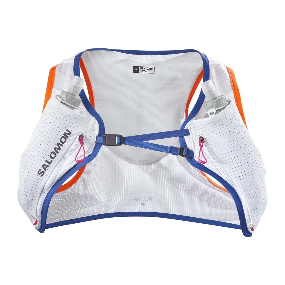 Front view of a Salomon Unisex Pulse 2 Running Vest with flasks included. WHITE/Surf The Web/DRAGON FIRE colourway. (8151581458594)