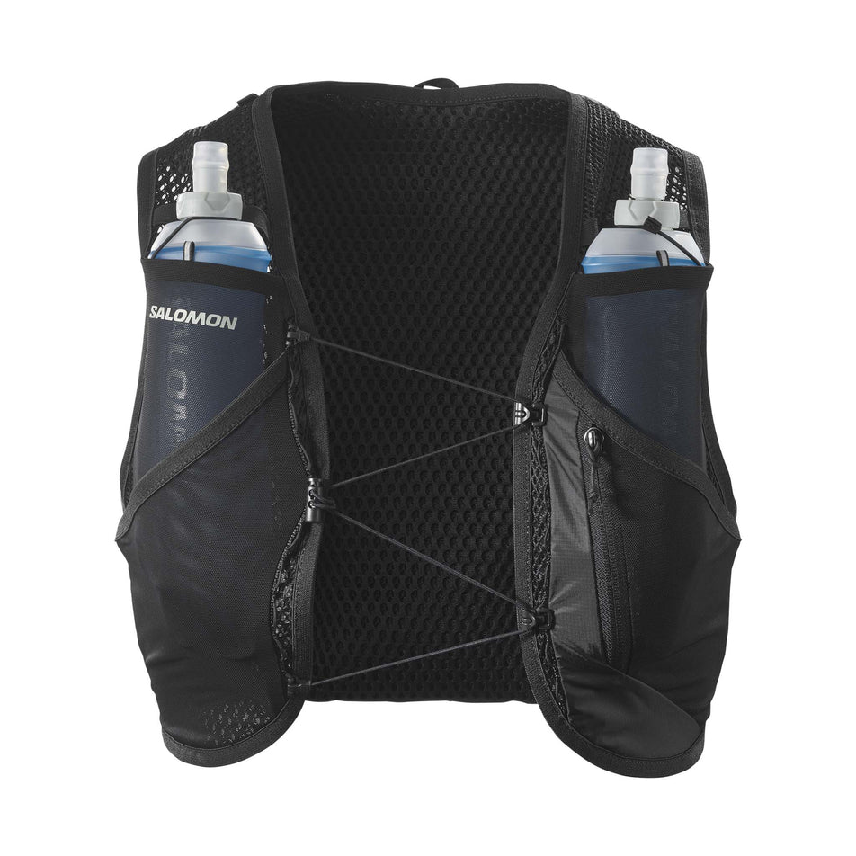 Front view of a Salomon Unisex Active Skin 8 Running Vest with flasks. Black/Metal colourway. (8151560880290)