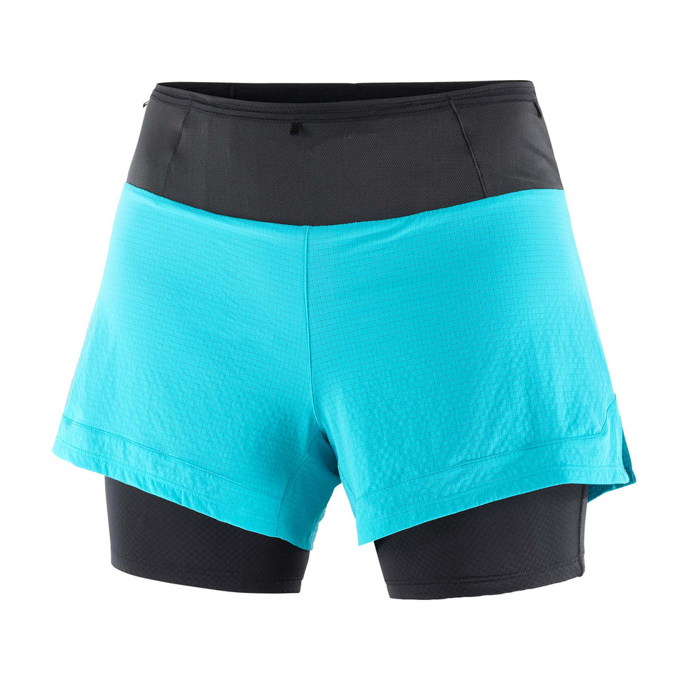Front view of a pair of Salomon Women's Sense Aero 2in1 Shorts in the Peacock Blue colourway (8157883465890)