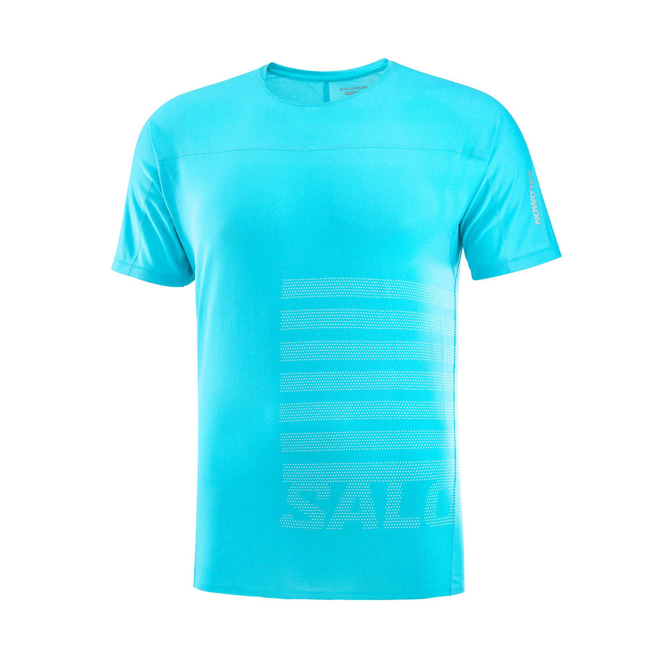 Front view of a Salomon Men's Sense Aero GFX Short Sleeve T-Shirt in the Peacock Blue/White colourway (8157825466530)