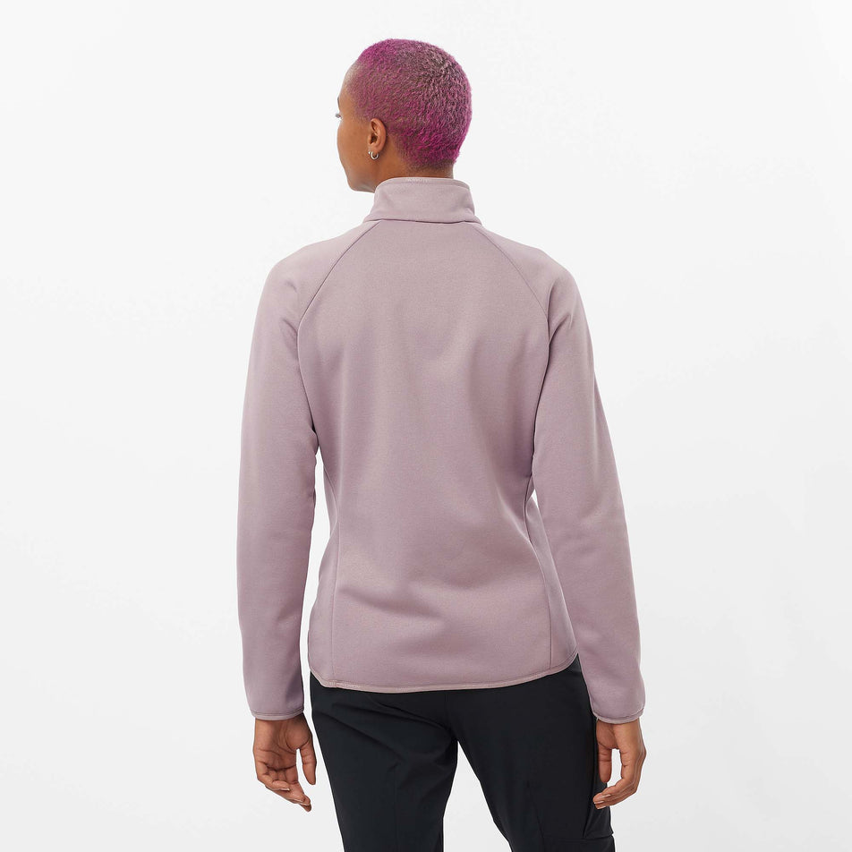 Back view of a model wearing a Salomon Women's Essential Warm Half Zip in the Quail colourway (8071088013474)