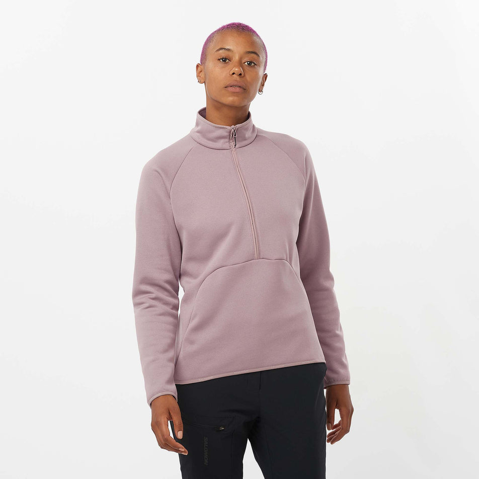 Front view of a model wearing a Salomon Women's Essential Warm Half Zip in the Quail colourway (8071088013474)