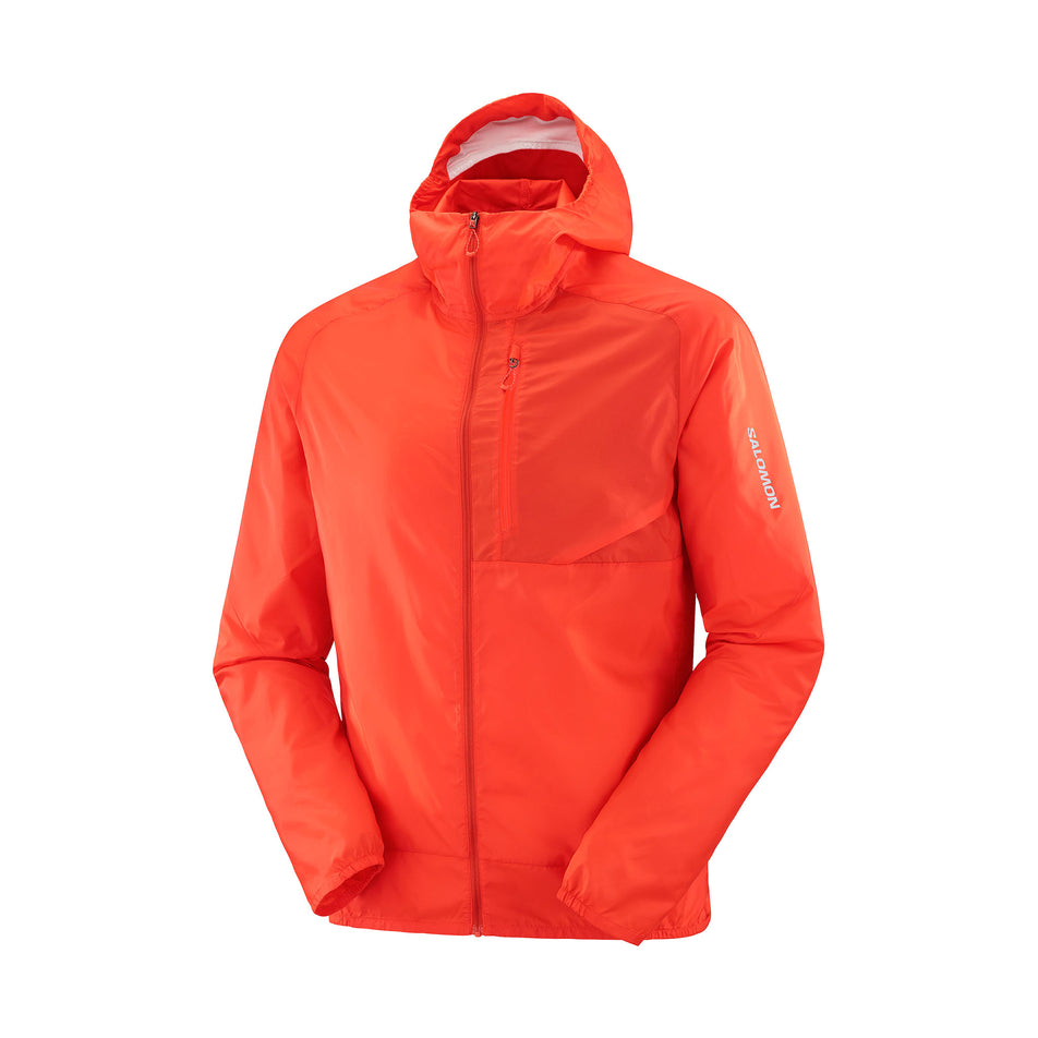 Front view of a Salomon Men's Bonatti Cross Wind Jacket Hoodie in the Cherry Tomato colourway. (8466593087650)