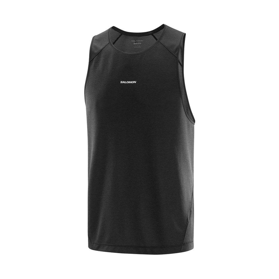 Front view of the Salomon Men's Shakeout Core Tank in the Deep Black colourway. 