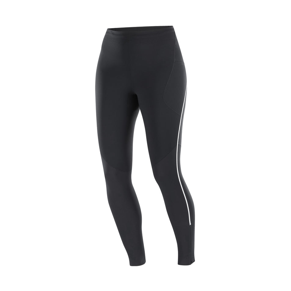 Front view of the Salomon Women's Sense Aero Stow Tights in the Deep Black colourway. (8727044685986)