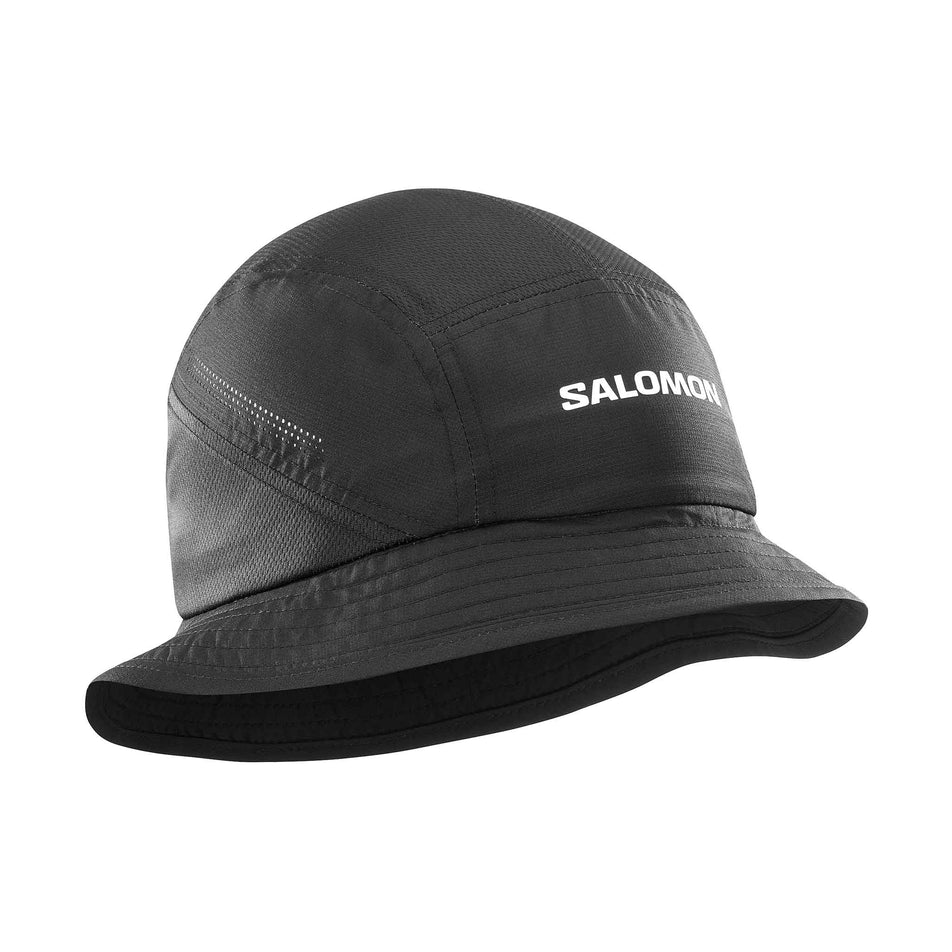 Front view of the Salomon Unisex SHKout Bucket Hat in the Deep Black colourway. (8577875476642)