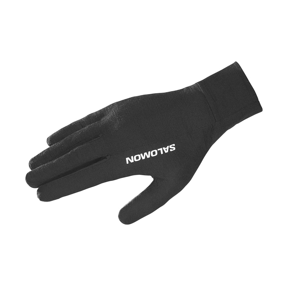 The right glove from a pair of Salomon Unisex Merino Gloves in the Deep Black colourway.