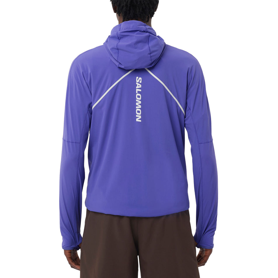 Back view of a model wearing the Salomon Men's Sense Aero Hybrid Midlayer Jacket with Hood in the Liberty colourway. (8736774226082)
