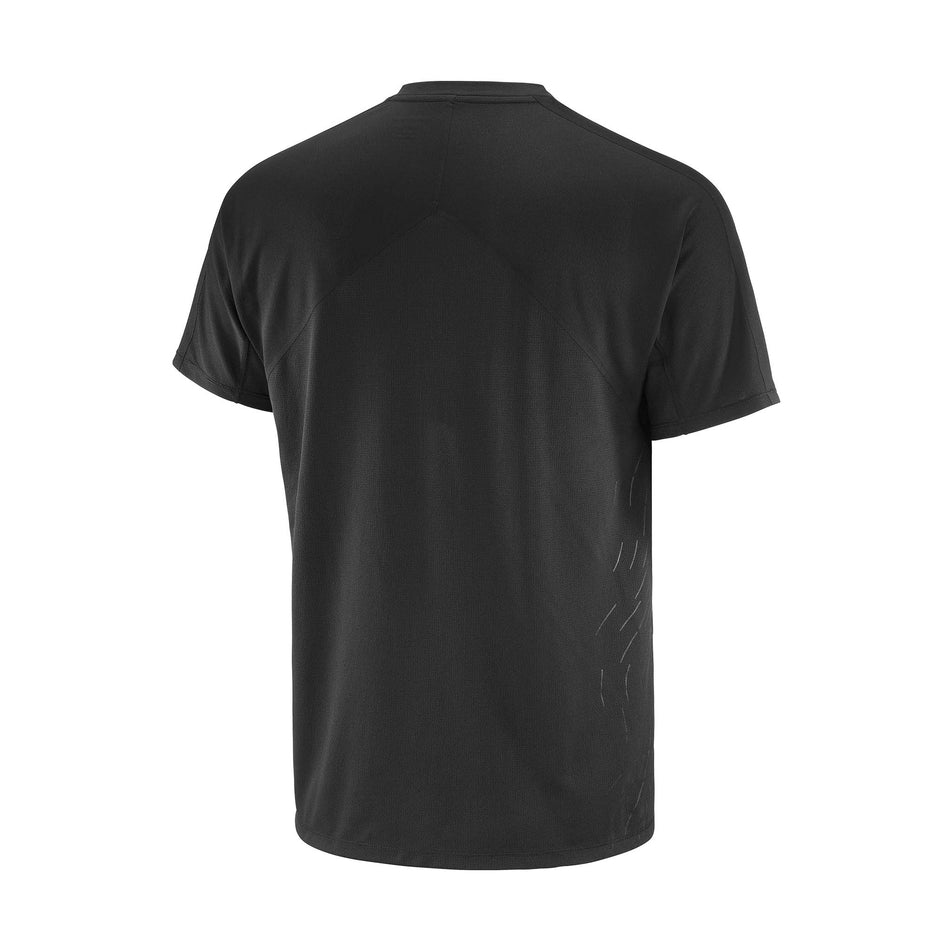 Back view of a model wearing the Salomon Men's Sense Aero Graphic Short Sleeve T-Shirt in the Deep Black/Black Beauty colourway. (8736789692578)