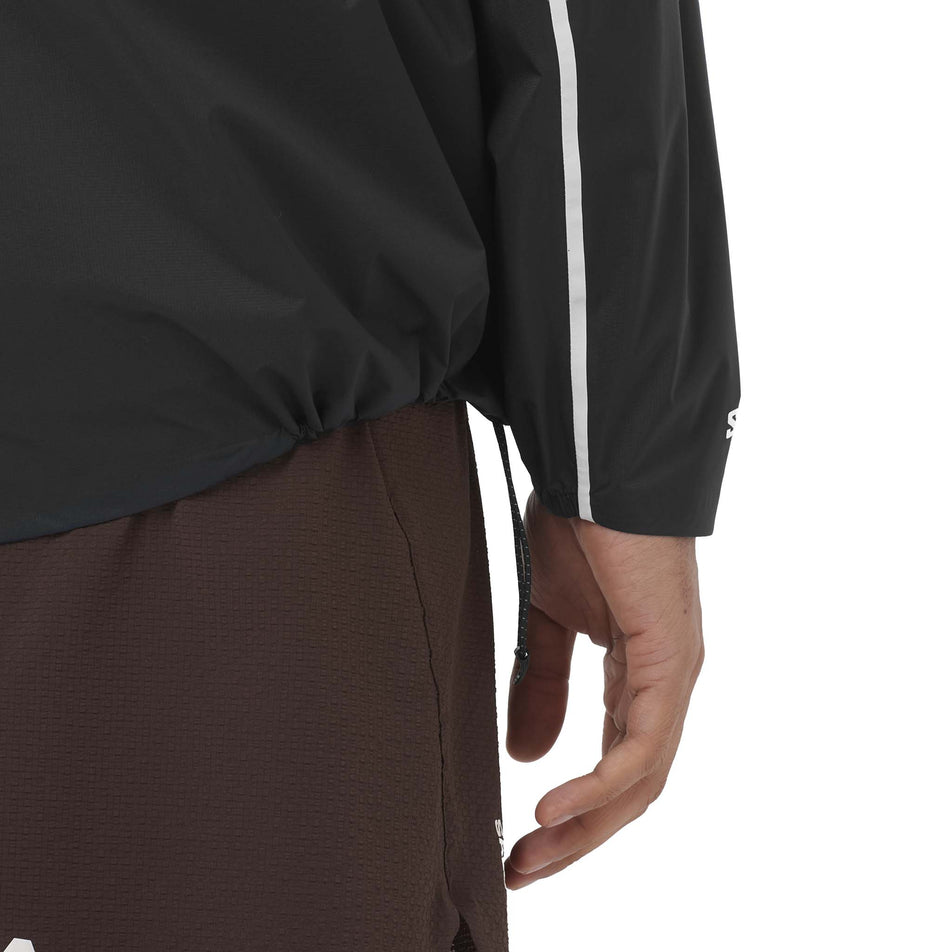 Close-up view of the sleeve of the Salomon Men's Bonatti Pro Shell Jacket in the Deep Black colourway.
