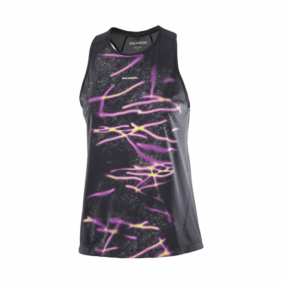 Front view of the Salomon Women's SHKout Core Tank GFX in the Deep Black colourway.