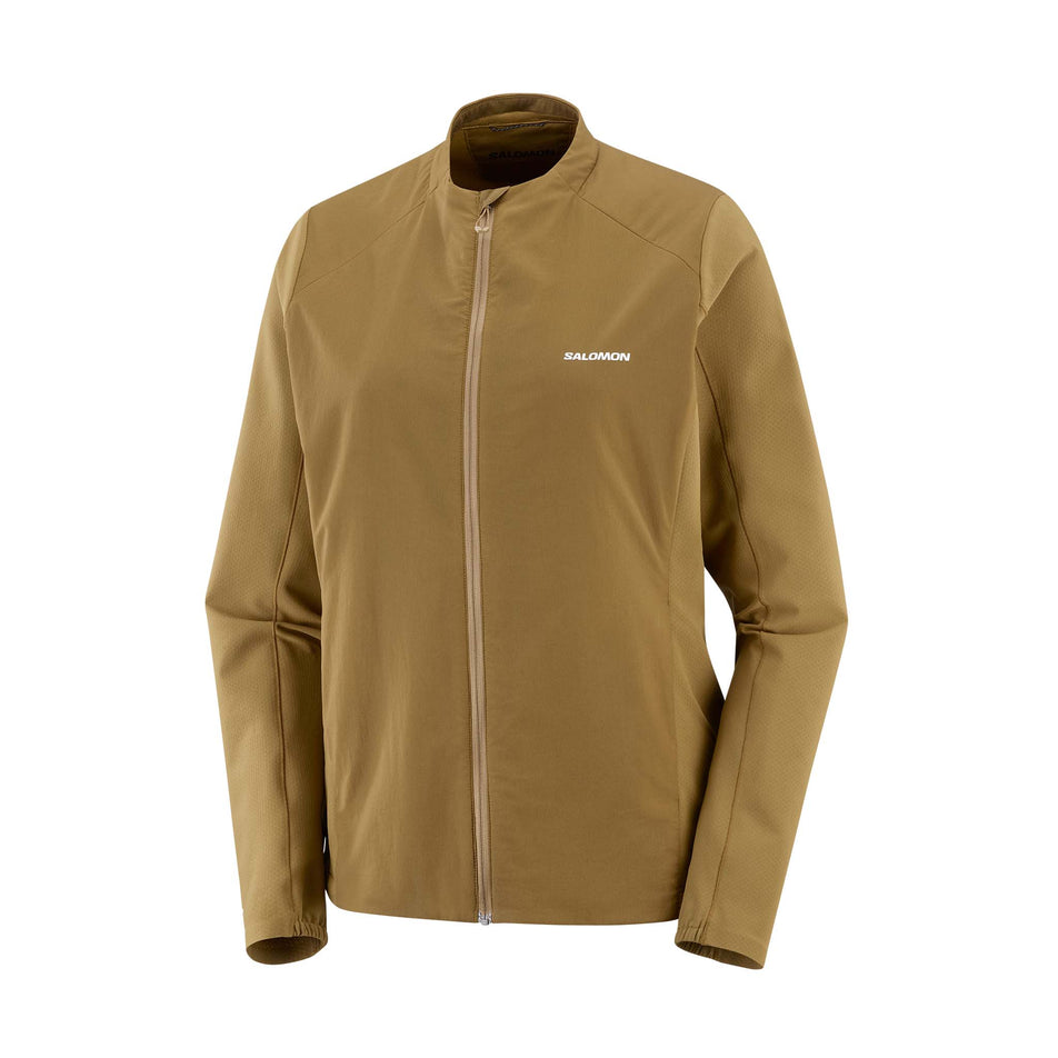 Front view of the Salomon Women's Mountain Flex Hybrid Insulated Jacket in the Brilliant Olive colourway