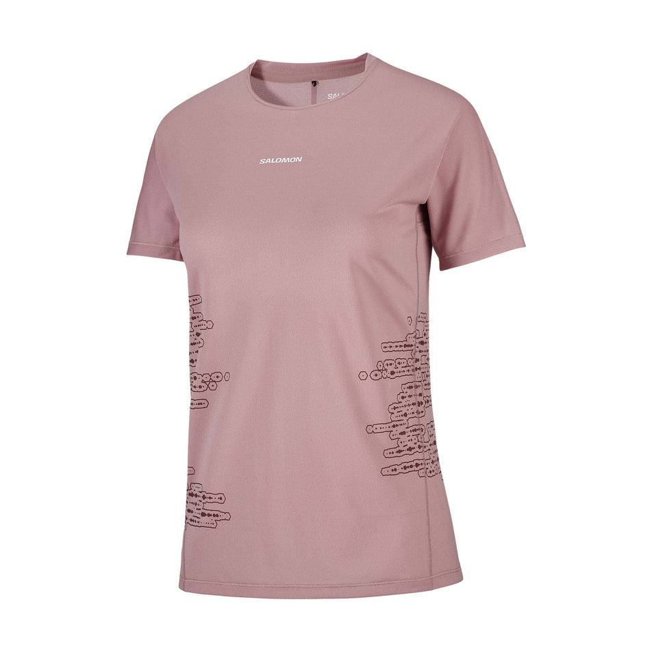 Front view of the Salomon Women's Sense Aero SS Tee GFX in the Antler/Chocolate Fondant colourway.