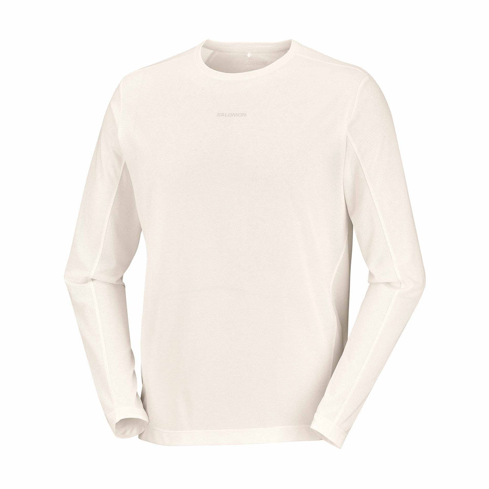Front view of the Salomon Men's Shakeout Core Graphic Long Sleeve T-Shirt in the Whisper White/Pink Frosting colourway.