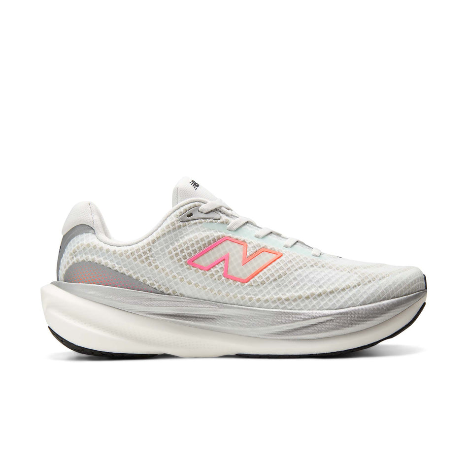 Lateral view of the right shoe from a pair of New Balance Men's 1080 V15 Running Shoes in the White/Pink Heat colourway.