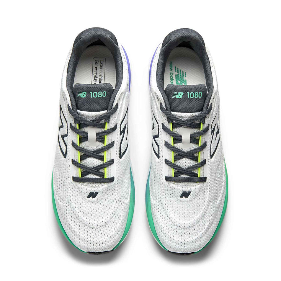 The uppers of a pair of New Balance Men's 1080 V15 Running Shoes in the Reflection/Graphite colourway.